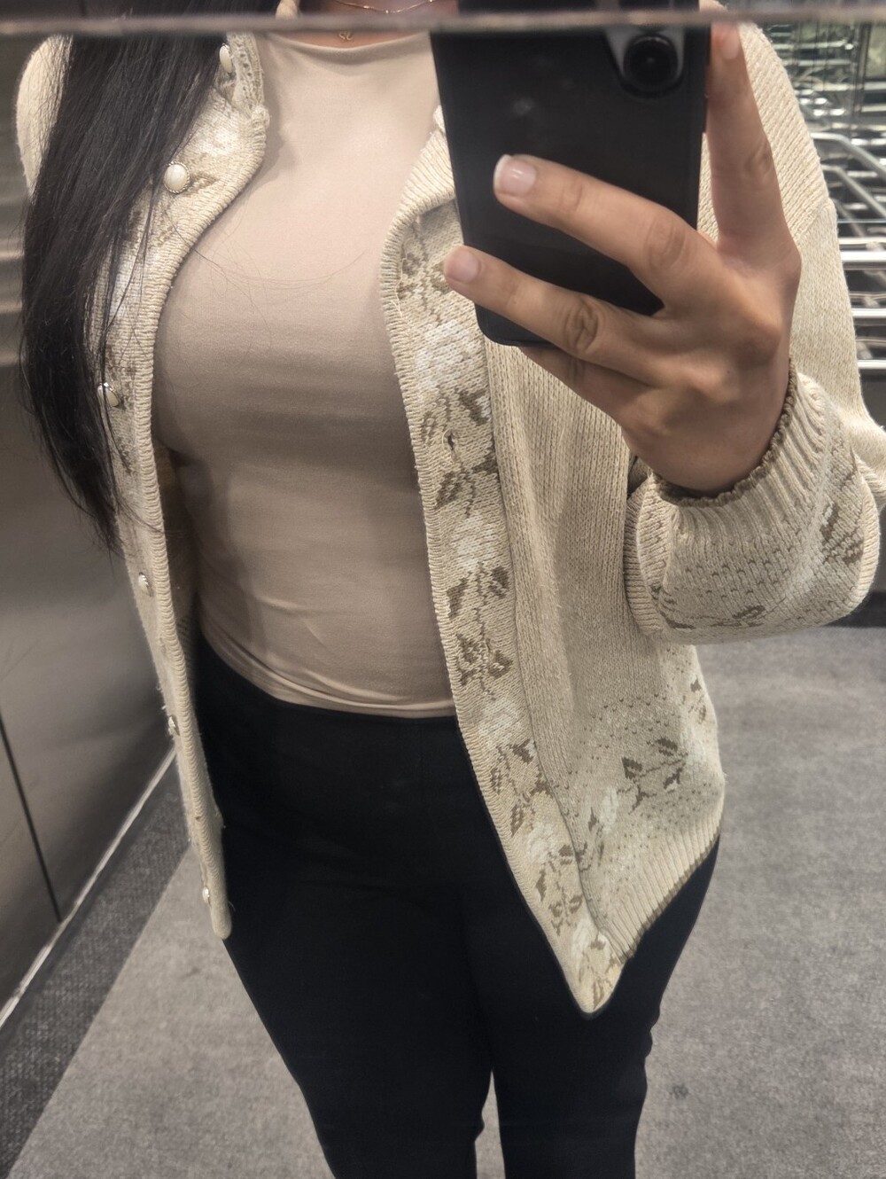 Cream Floral-Trim Knit Cardigan Sweater